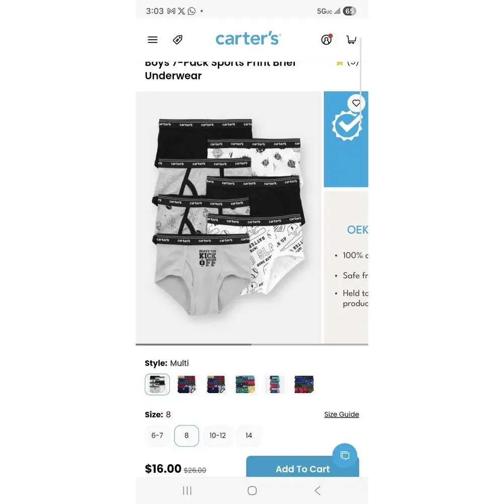 Lot of 10 Carter's Boys 7-Pack Briefs Size 8 variety 100% Cotton Dinosaur/Sports